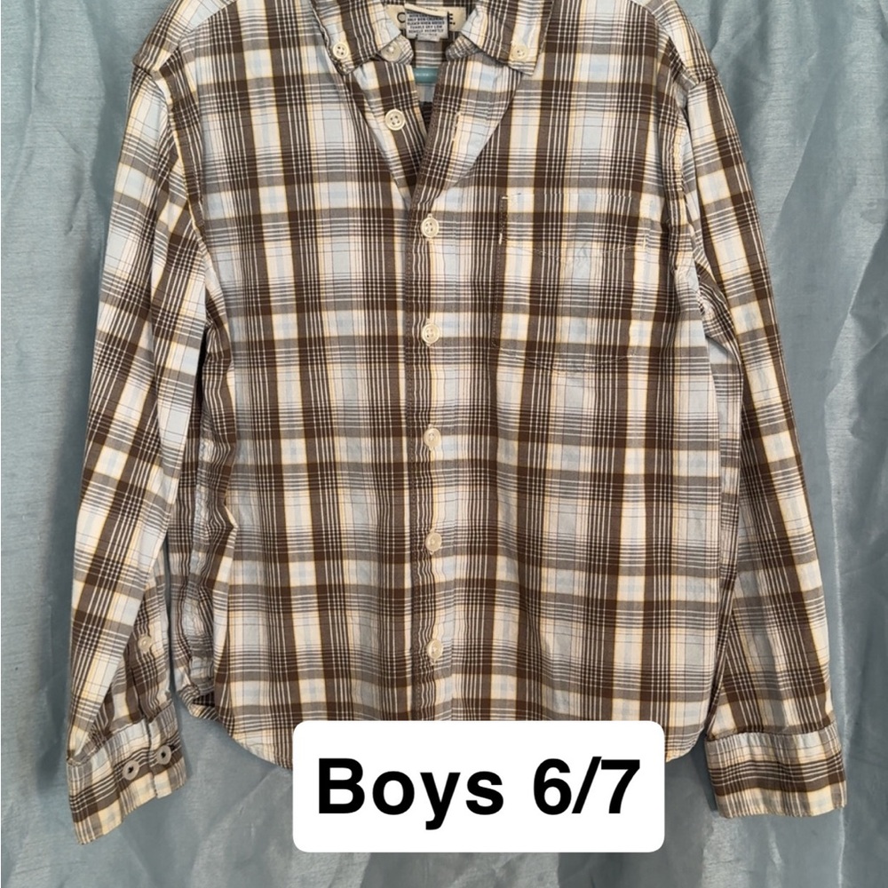 Cherokee Boys Brown and White Plaid Button-Down Shirt